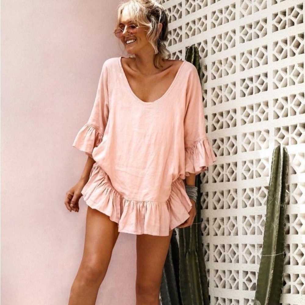 Morton Mac Effie Dress 100% Linen Tunic Blush Pink Petite One Size